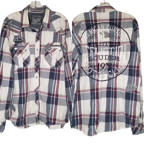Affliction Shirt Men’s XL Black Premium Plaid Embroidered Button Up Live Fast - Picture 1 of 13